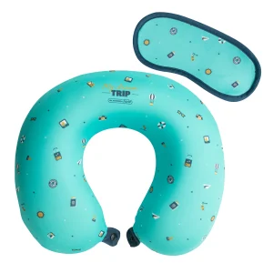 Cojín de viaje con antifaz para soñar por tierra, mar y aire - Azul