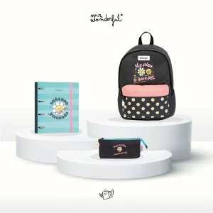 Set de mochila + carpeta con anillas + estuche Margarita - Negro