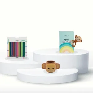 Pack Wonder World mono – Libreta A5 cierre mono de peluche + lápices de colores + taza 3D