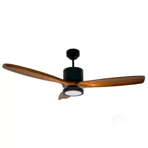 Ventilador de Techo Emi Negro Texturado con Plafón Redondo Luz Fría y Palas de Madera Tono Algarrobo