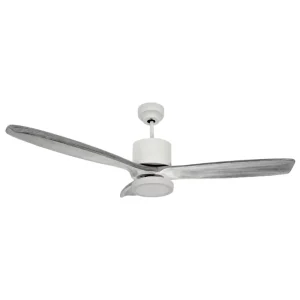 Ventilador de Techo Emi Blanco Texturado con Plafón Redondo Luz Cálida y Palas de Madera Grises