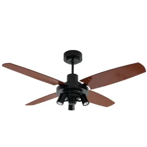 Ventilador de Techo Barcelona Negro con Spot Jeremias y Palas de Madera Reversibles tonos Cedro y Roble